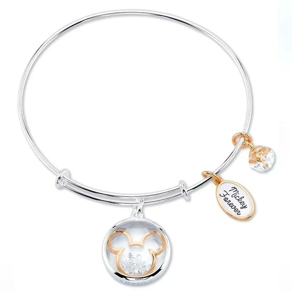DISNEY Crystal Micky Mouse Charm Bangle Bracelet in Stainless Steel & Rose Gold - Picture 1 of 4